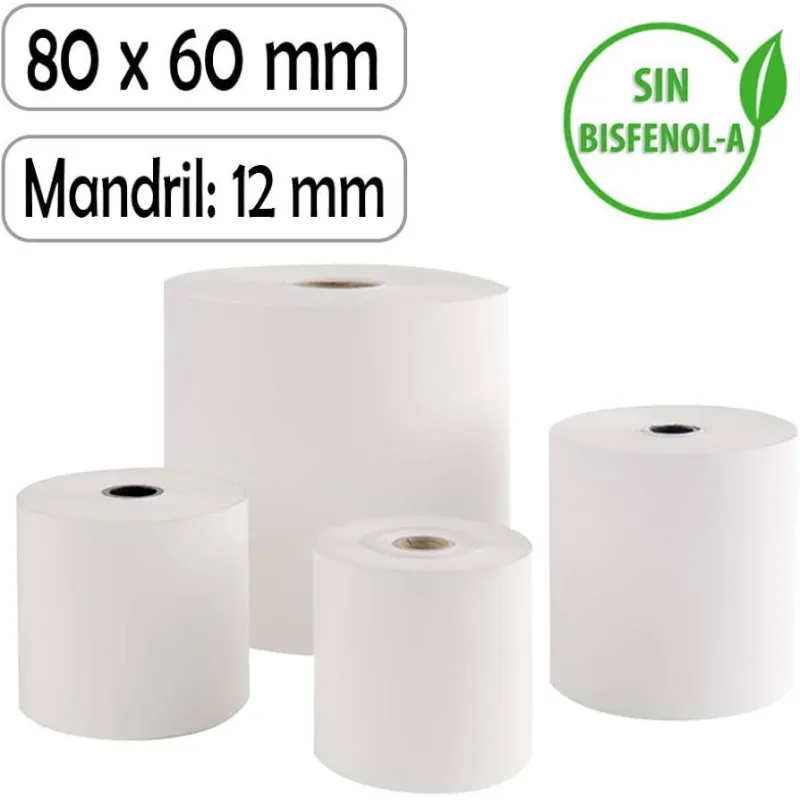 Pack 5 Rollos de Papel Térmico 80x60x12 mm | BPA Free |