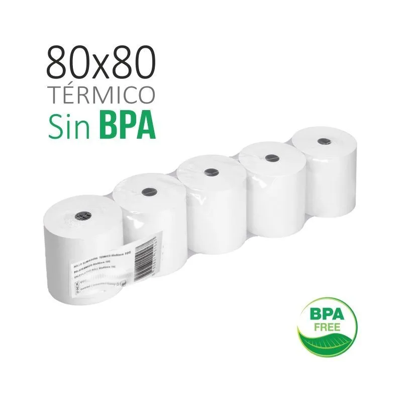 Pack 5 Rollos Papel Térmico 80x80x12 mm | Sin Bisfenol A | Alta