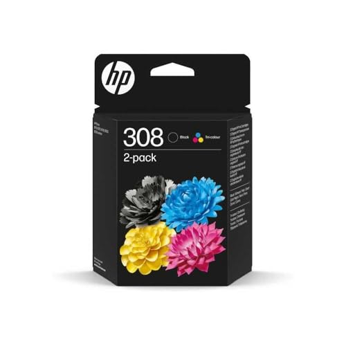 HP 308 - Cartuchos de Tinta auténticos, Color Negro y Tres...