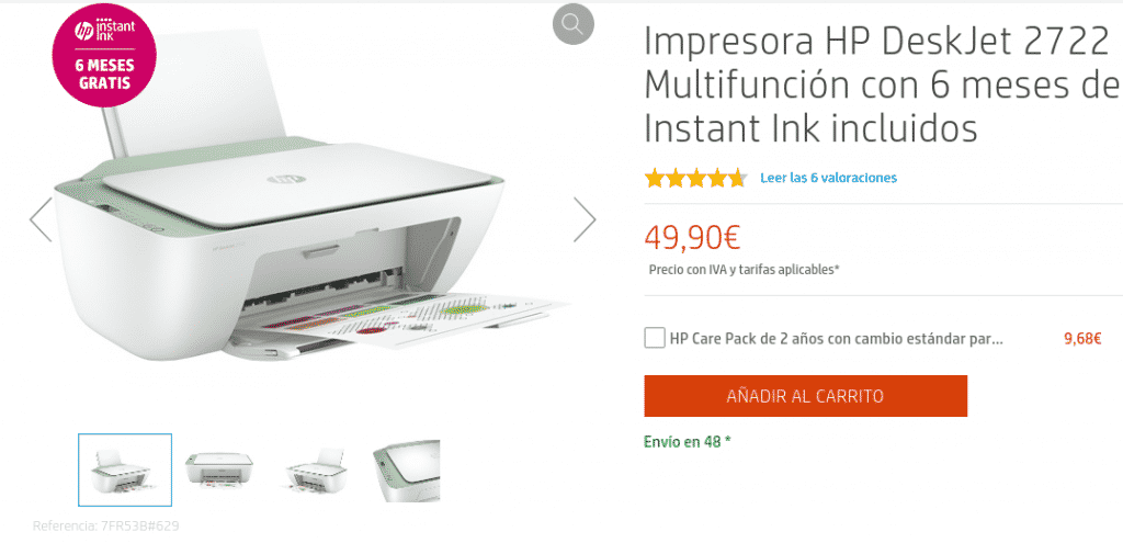 Precio Impresora HP DeskJet 2722 Multifunción con 6 meses de Instant Ink incluidos 