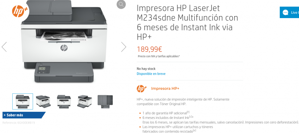 Precio Impresora HP LaserJet M234sdne Multifunción con 6 meses de Instant Ink via HP+