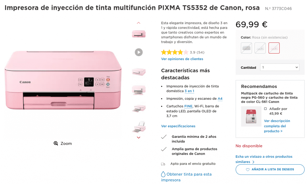 Precio en web de Compra Impresora de inyección de tinta multifunción PIXMA TS5352 de Canon, rosa