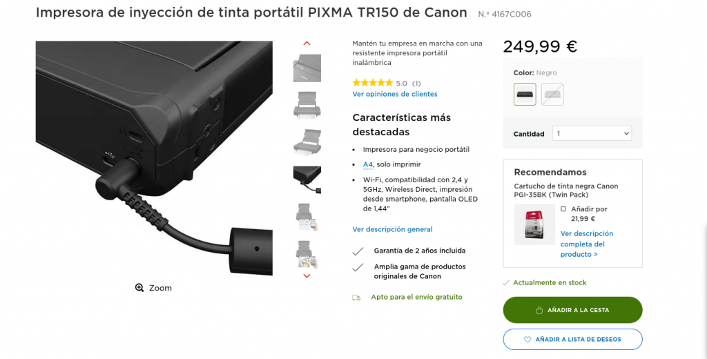 Impresora portátil inalámbrica Canon PIXMA TR150