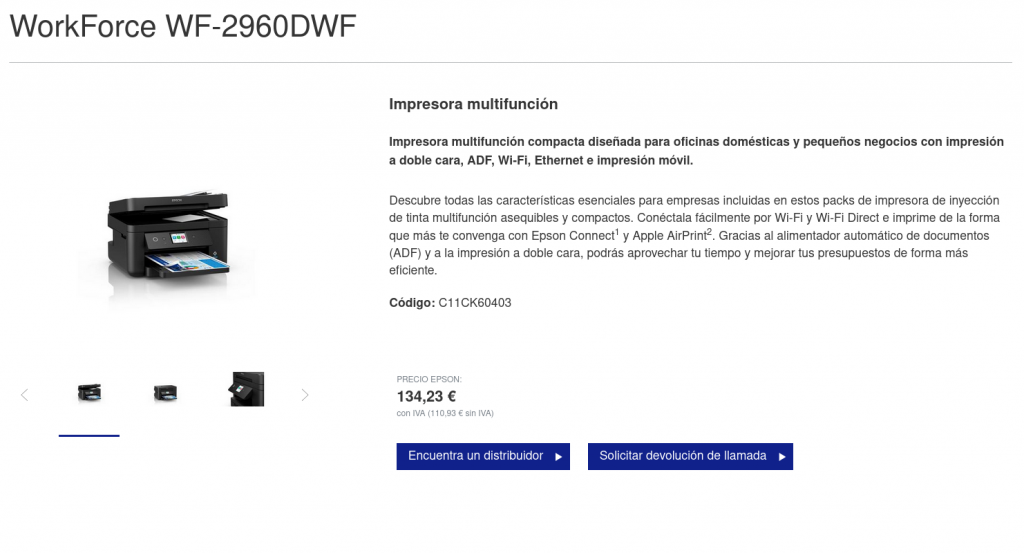 Precio Epson WorkForce WF-2960DWF Microempresa Impresoras de inyeccion de tinta