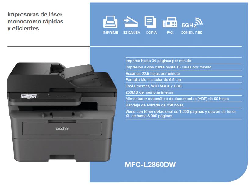 Impresora multifunción  Brother MFCL2860DW, Láser, Monocolor, WiFi, Fax,  Impresión automática a doble cara, Negro