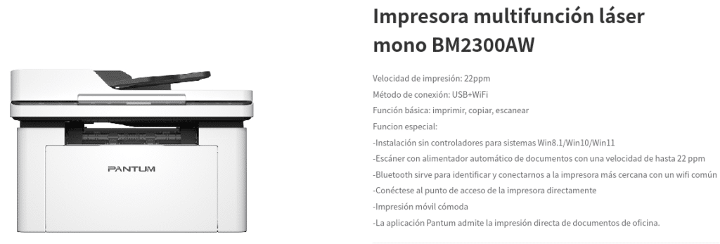 Principales caracteristicas de la Impresora Pantum BM2300AW