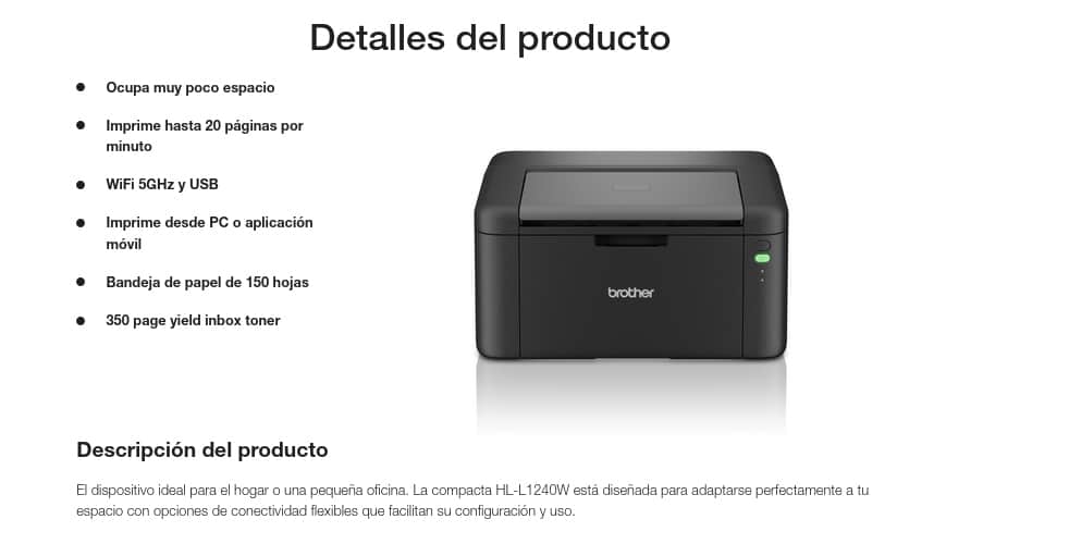 Principales características Impresora Láser Monocromo HL-L1240W Brother